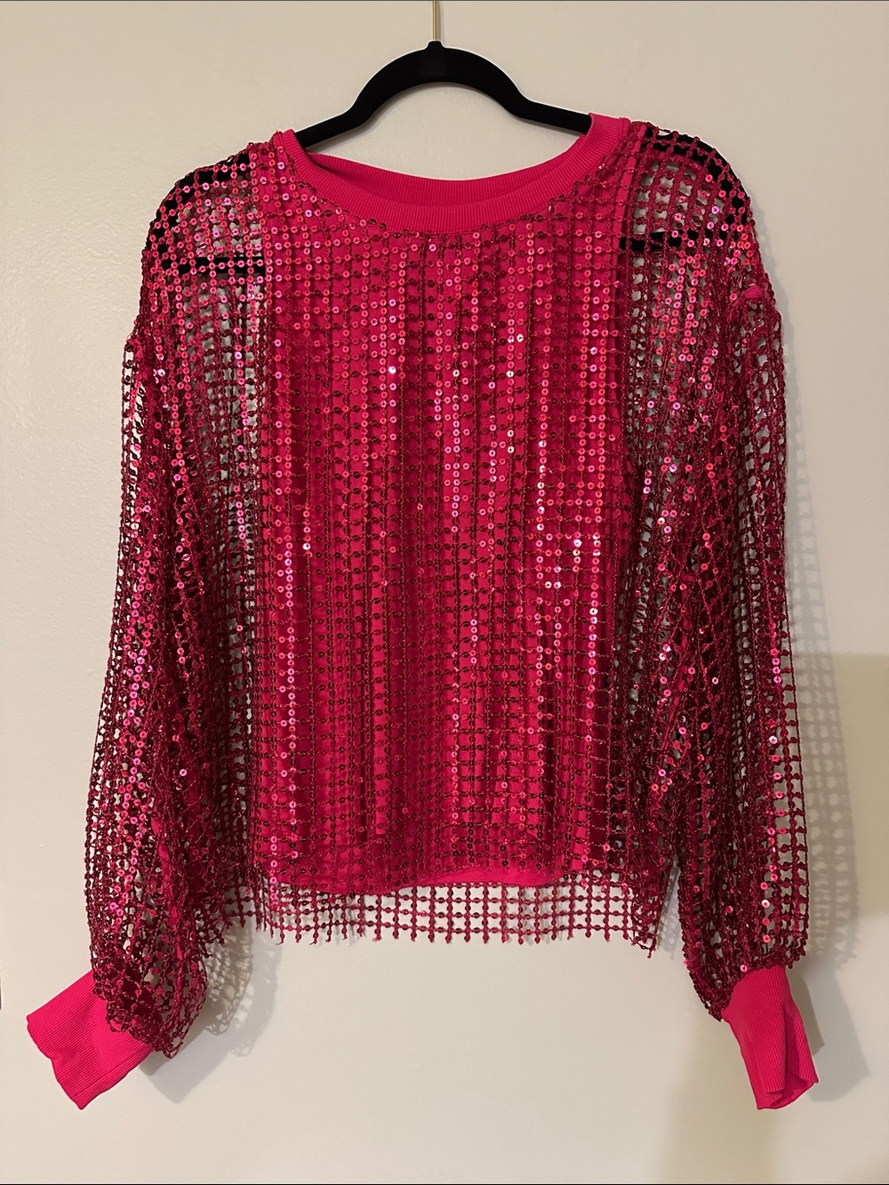 Anthropologie Hot Pink Sequin Mesh Pullover